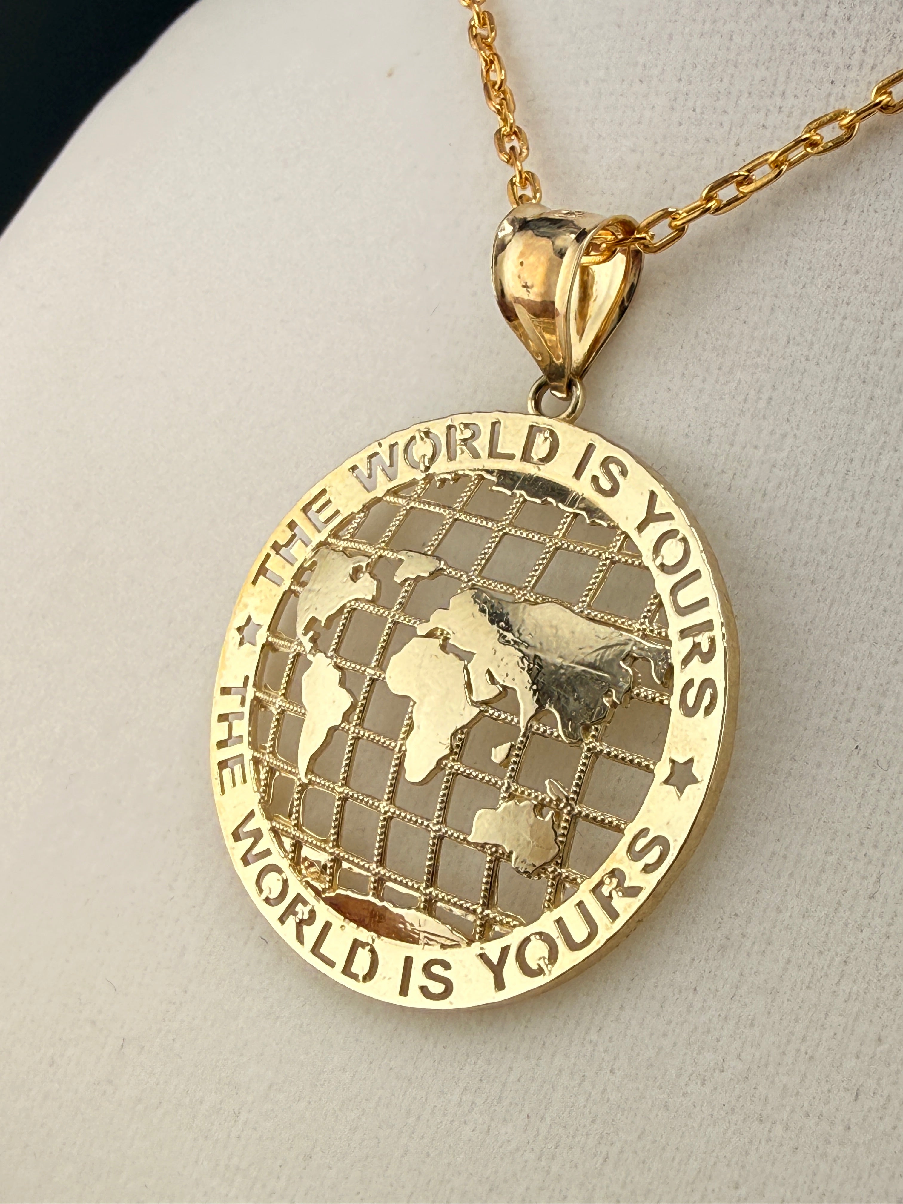 10K Solid Gold “The World Is Yours” Map Pendant