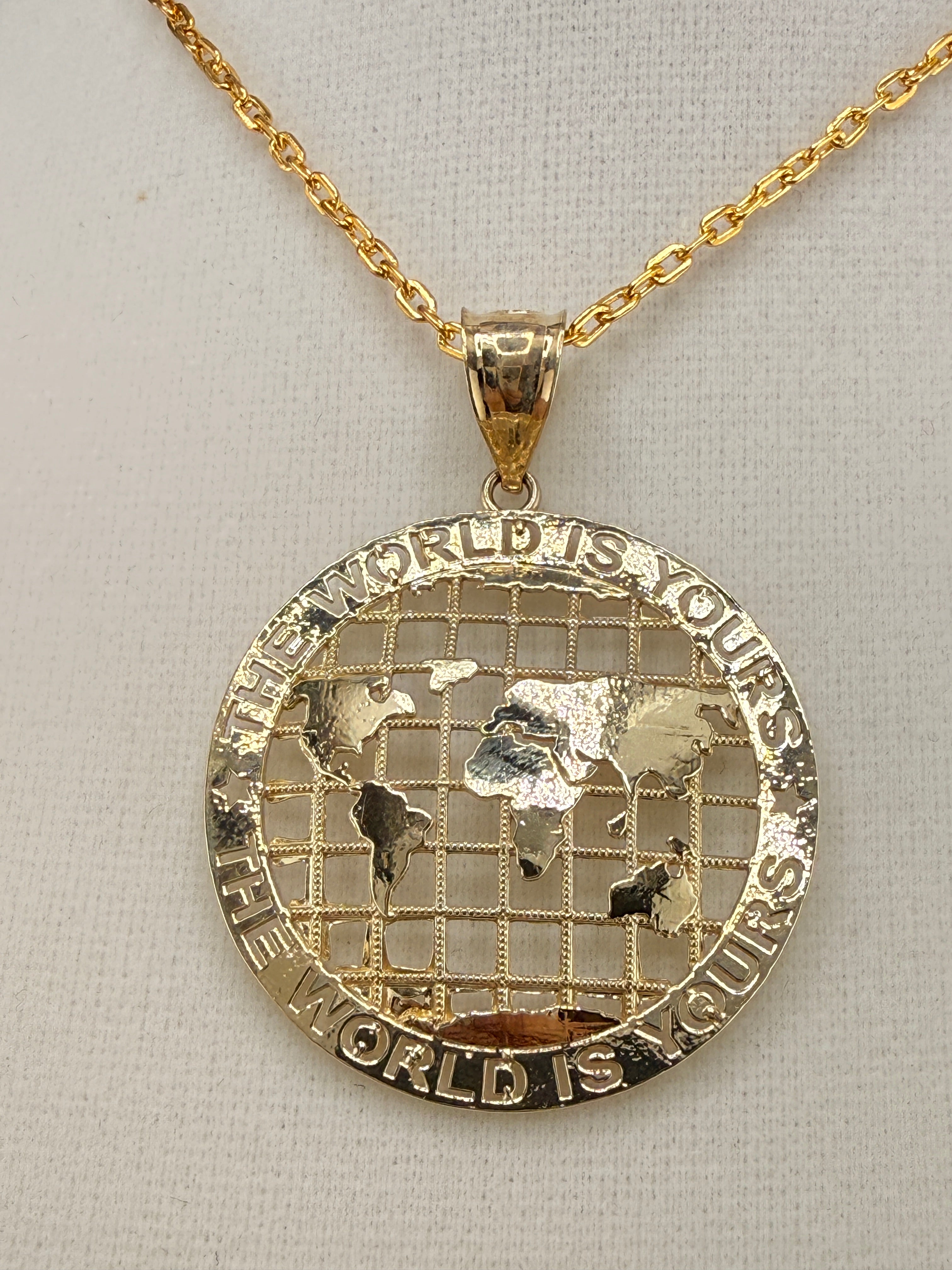 10K Solid Gold “The World Is Yours” Map Pendant