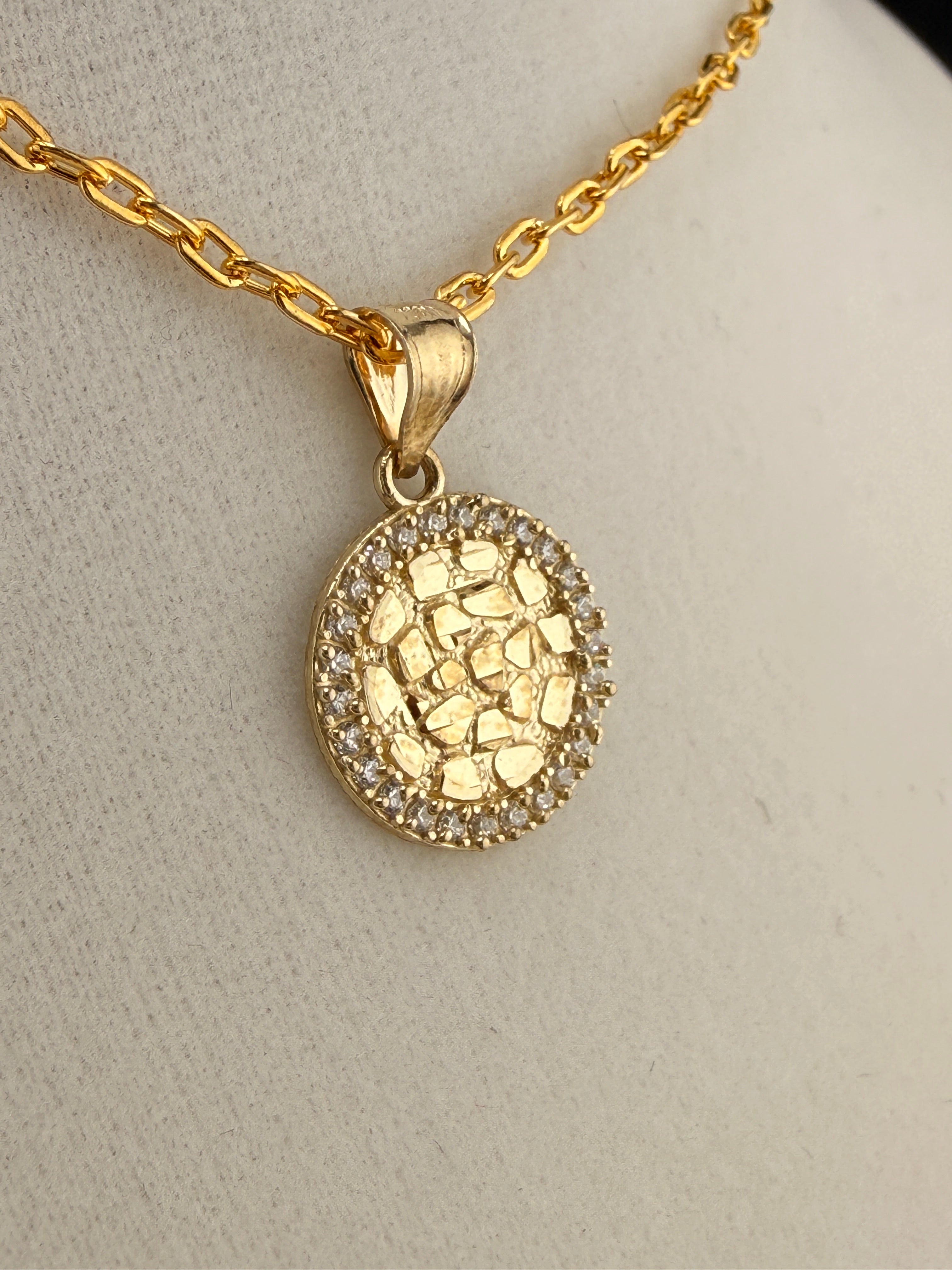 10K Solid Gold Round CZ Diamond Accent Gold Nugget Pendant