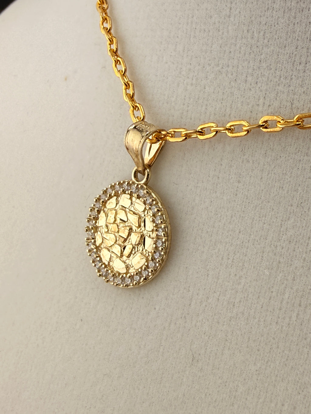 10K Solid Gold Round CZ Diamond Accent Gold Nugget Pendant