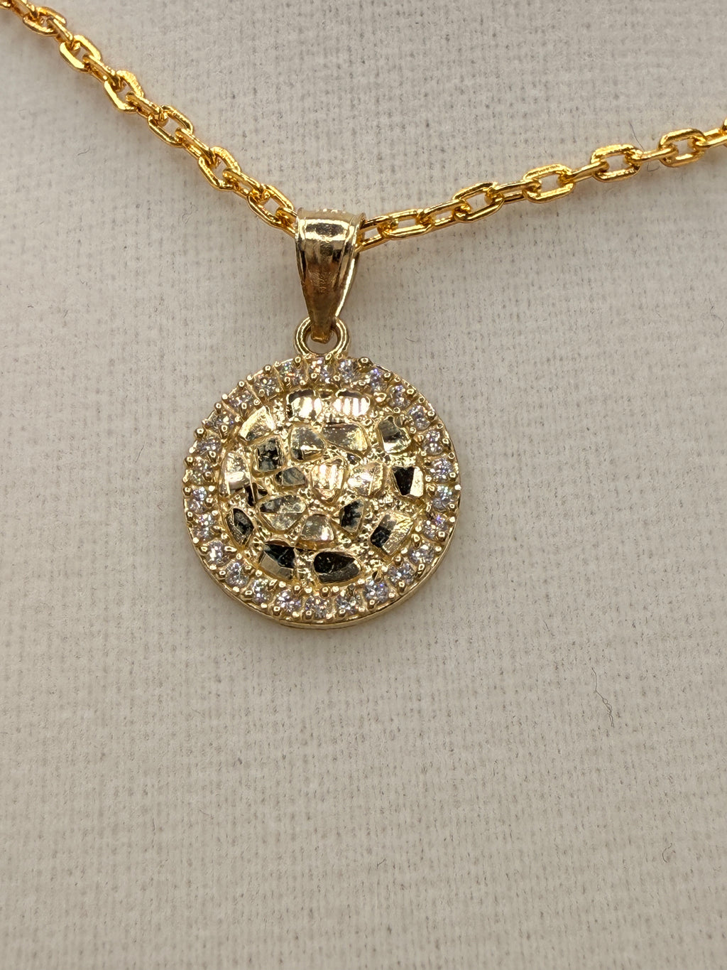 10K Solid Gold Round CZ Diamond Accent Gold Nugget Pendant