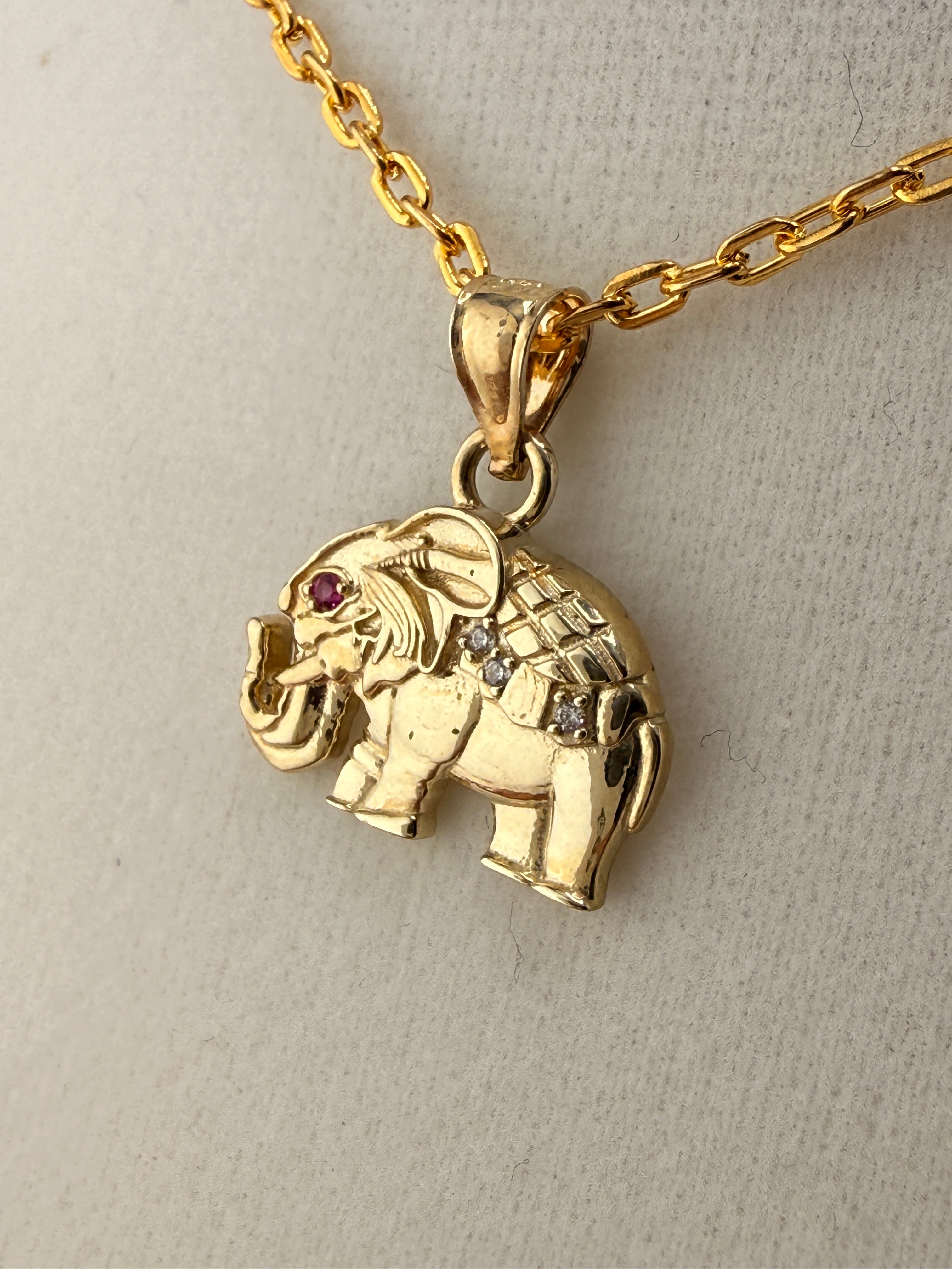 10K Solid Gold CZ &amp; Ruby Accent Elephant Pendant