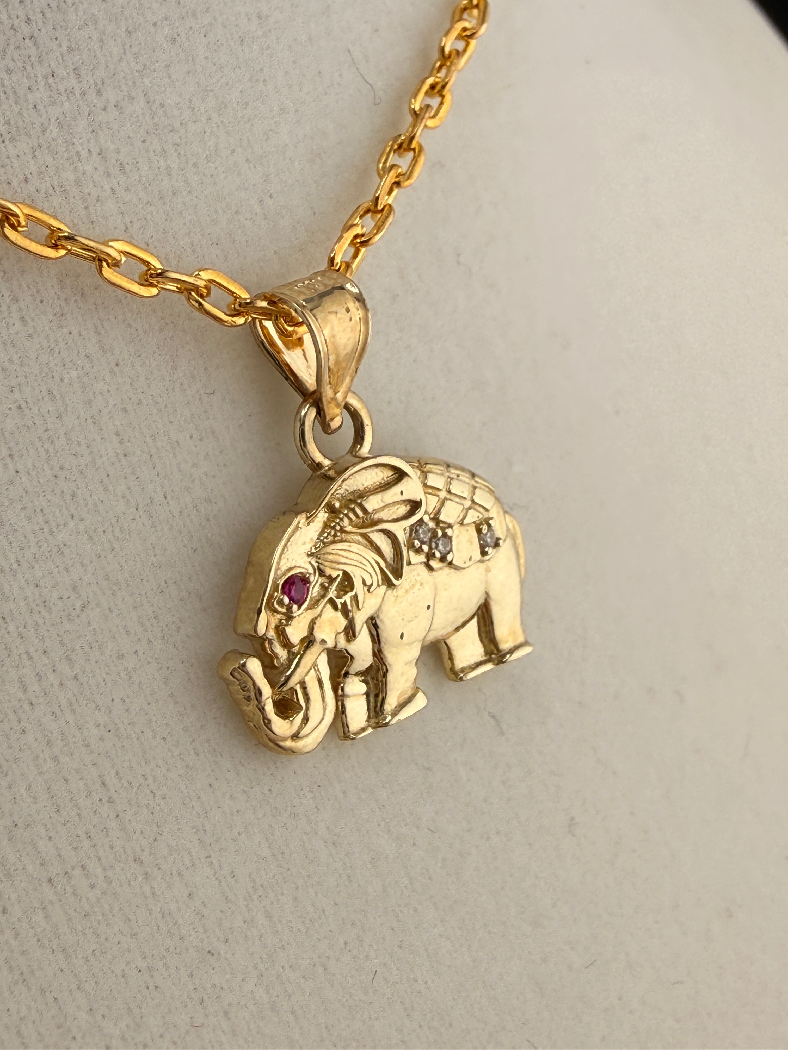 10K Solid Gold CZ &amp; Ruby Accent Elephant Pendant