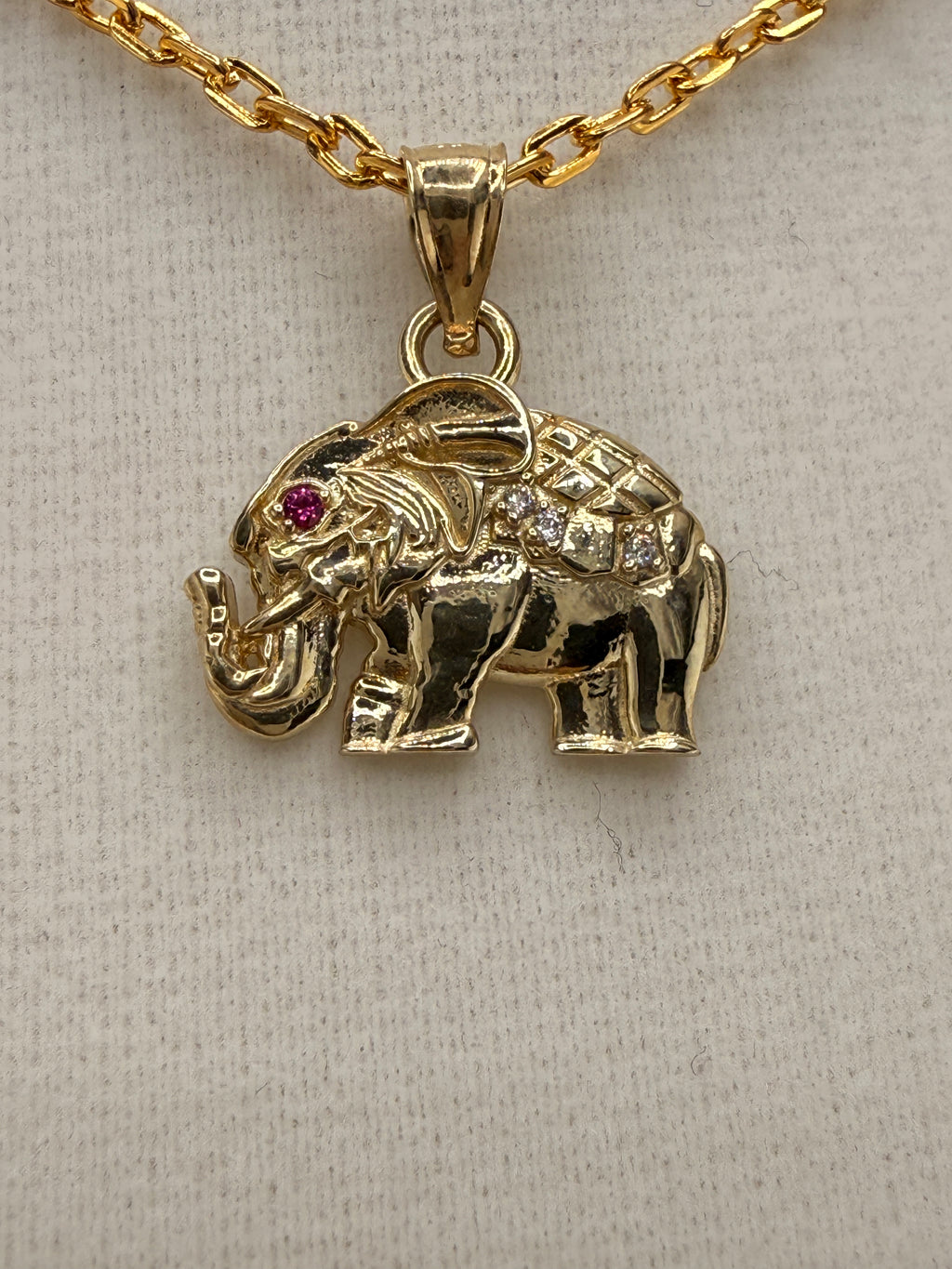 10K Solid Gold CZ &amp; Ruby Accent Elephant Pendant