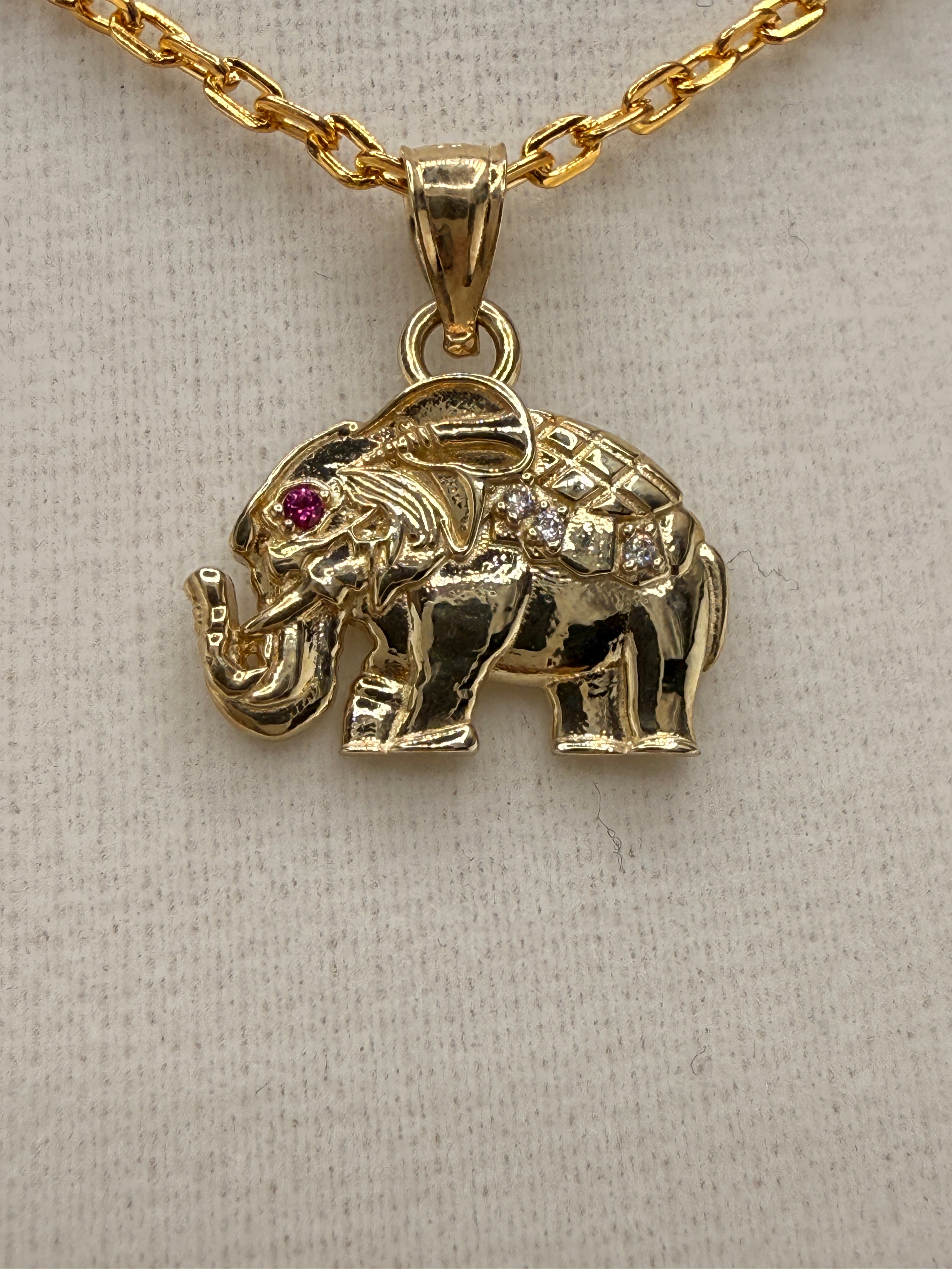 10K Solid Gold CZ &amp; Ruby Accent Elephant Pendant