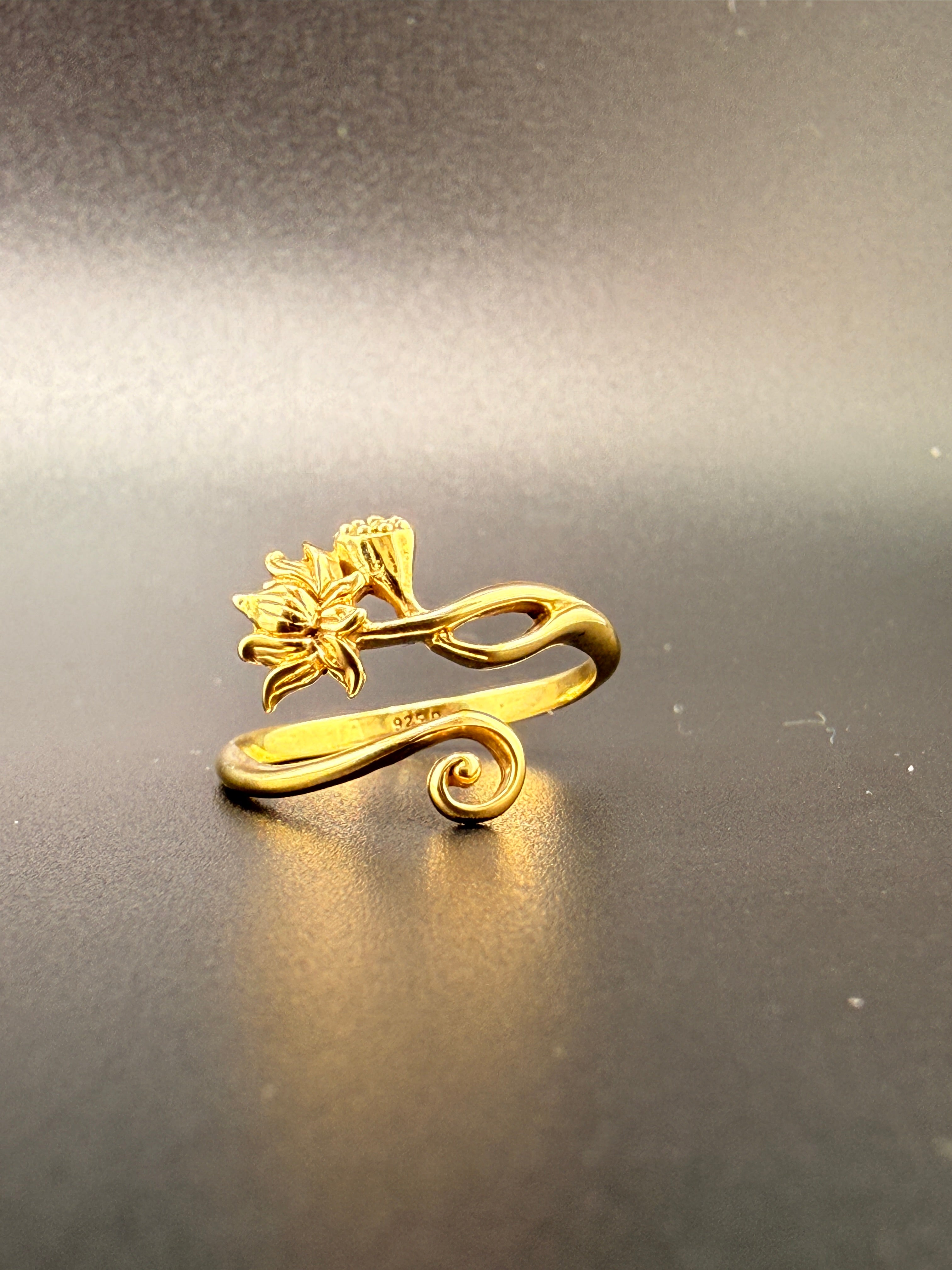 14K Gold Bonded Sterling Silver Lotus Flower Ring – Adjustable