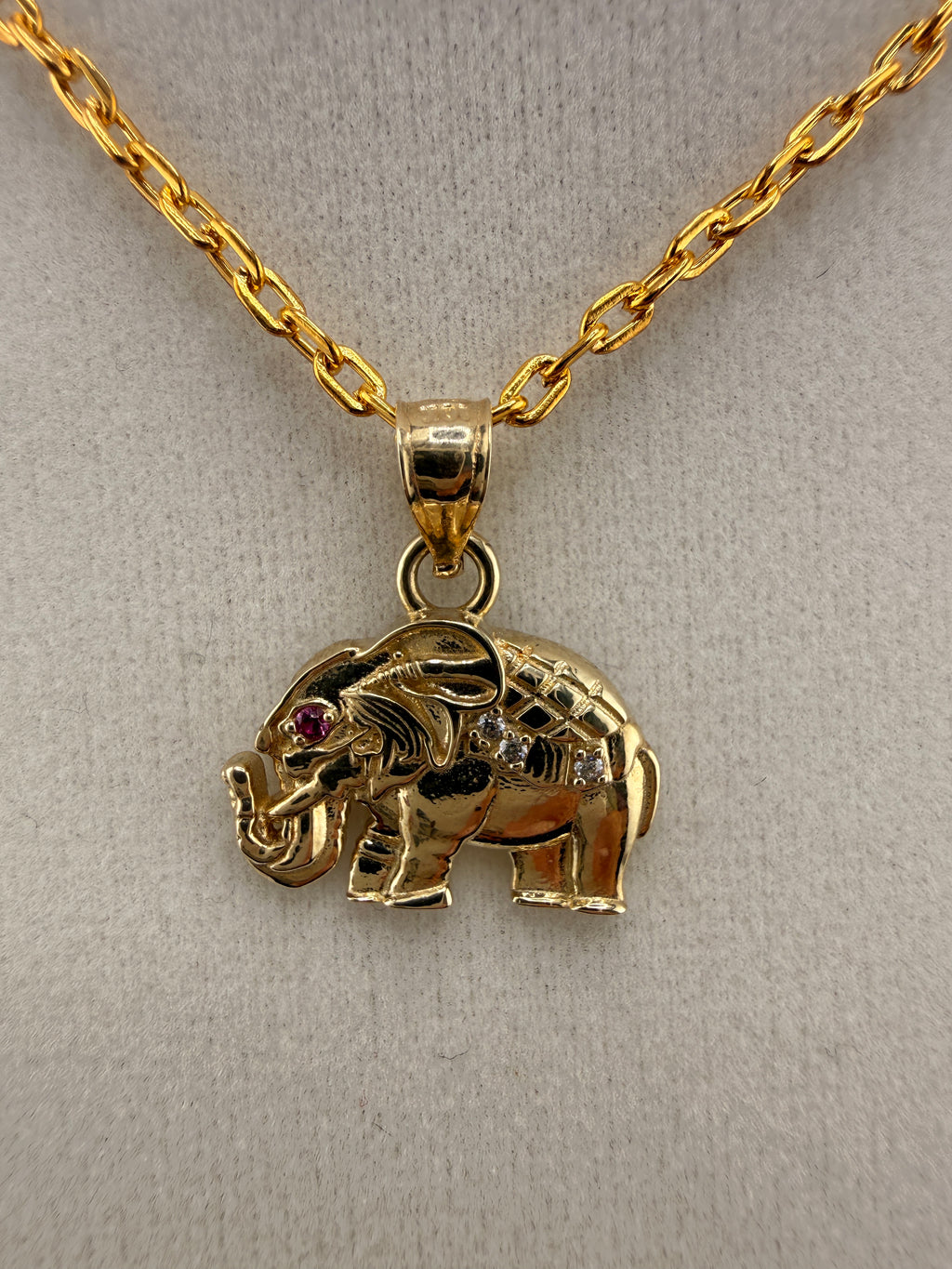 10K Solid Gold CZ & Ruby Accent Elephant Pendant