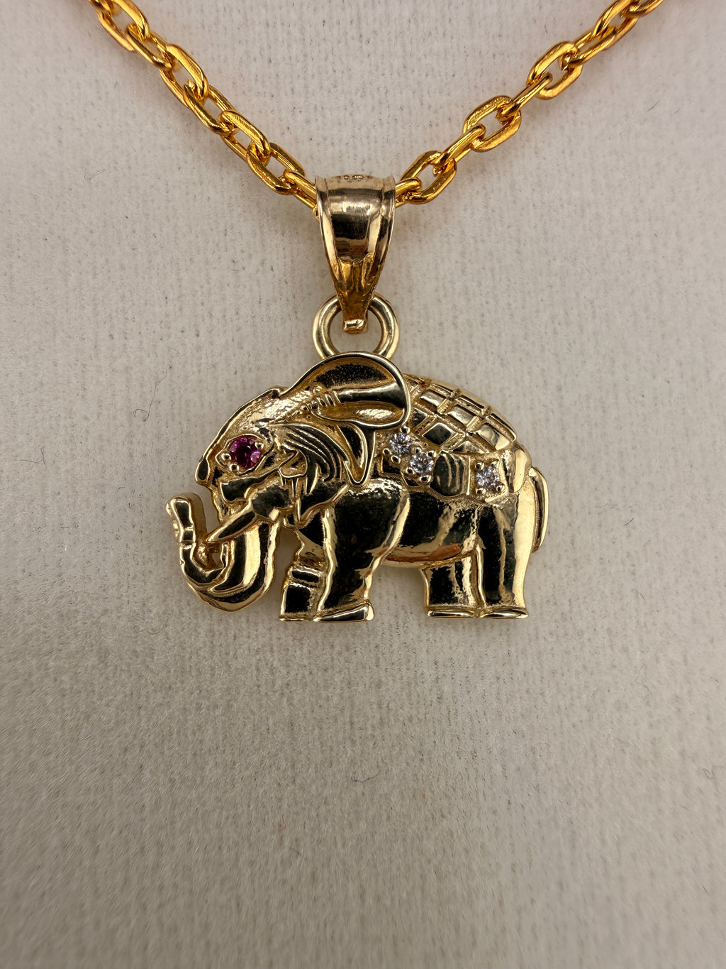 10K Solid Gold CZ & Ruby Accent Elephant Pendant
