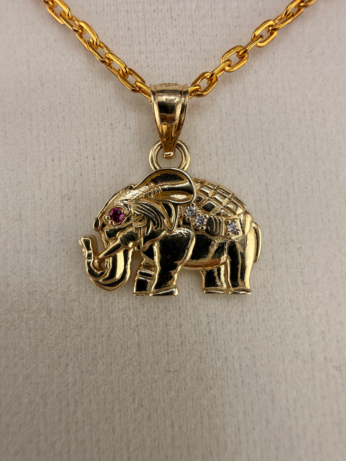 10K Solid Gold CZ & Ruby Accent Elephant Pendant