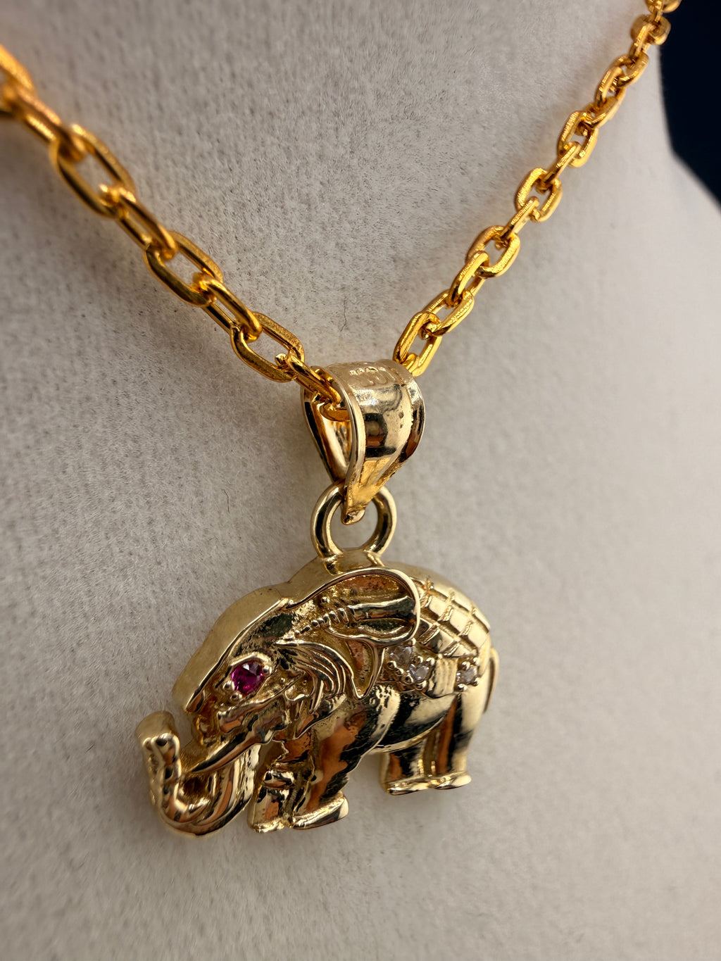 10K Solid Gold CZ & Ruby Accent Elephant Pendant