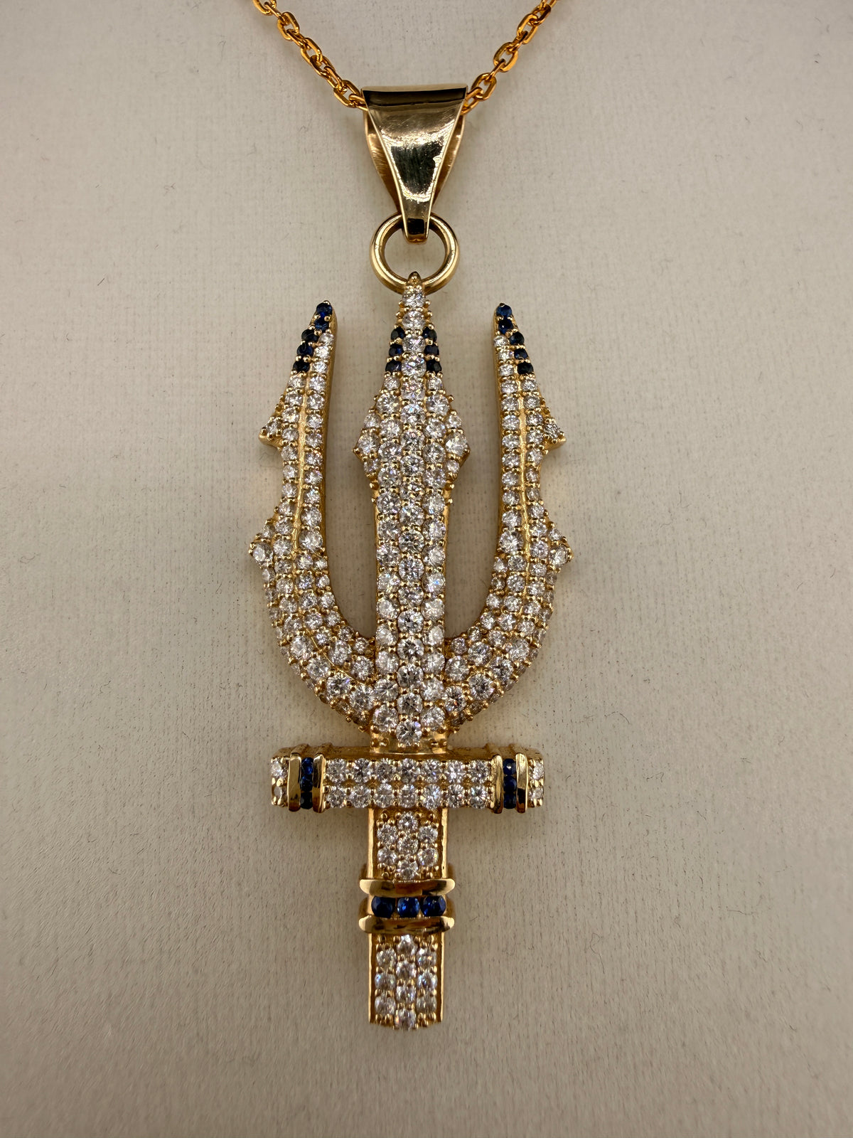Trident Diamond & Sapphire Pendant – 14K Gold Custom One-of-One (4.42 CT LG Diamonds)