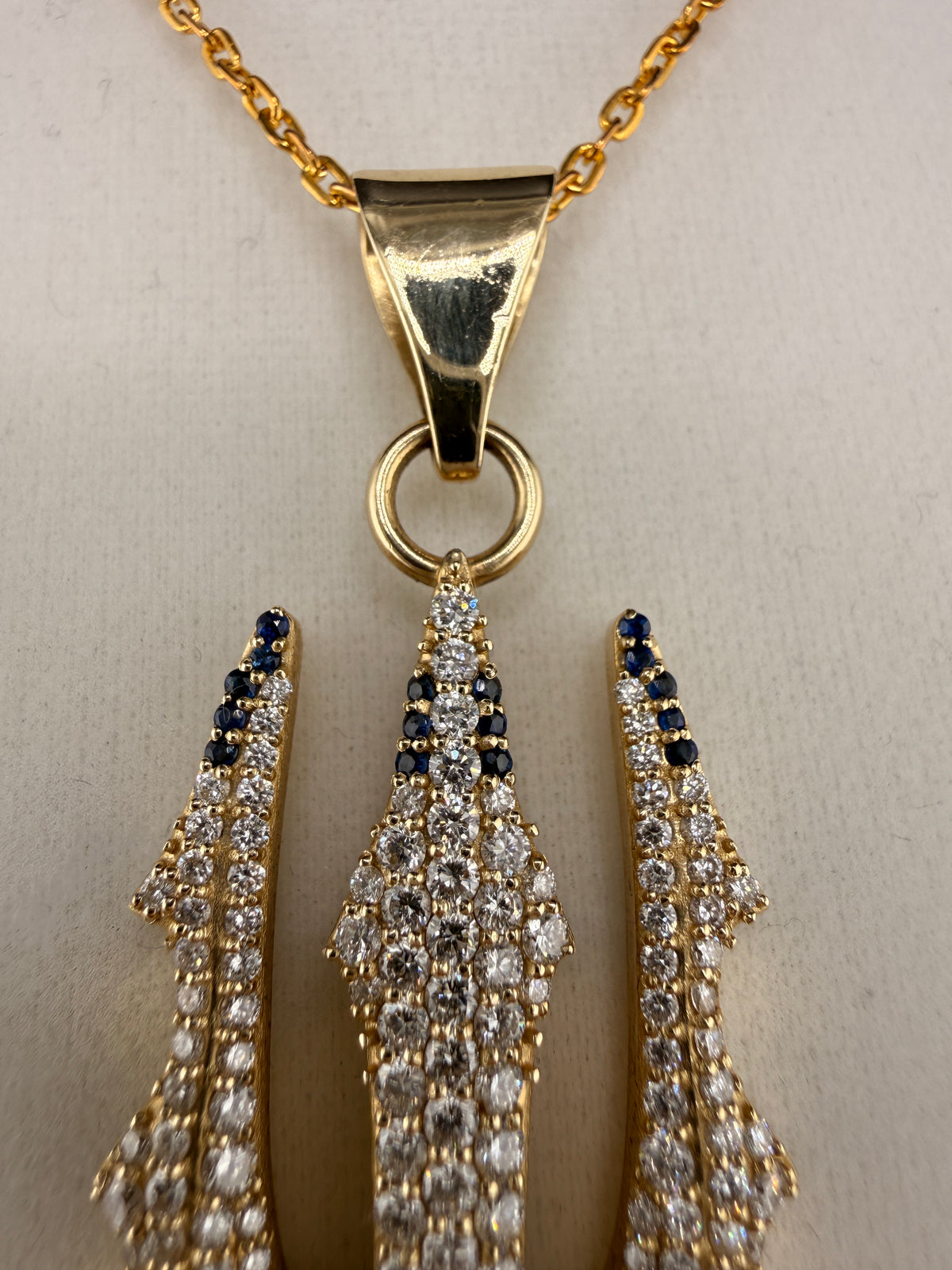 Trident Diamond & Sapphire Pendant – 14K Gold Custom One-of-One (4.42 CT LG Diamonds)