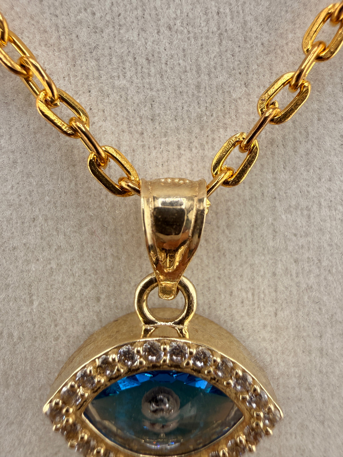 14K Solid Gold CZ Diamond Blue Evil Eye Pendant