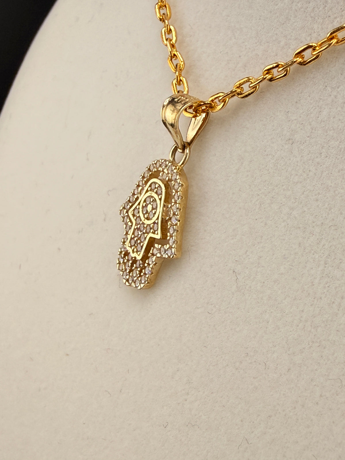 14K Solid Gold CZ Diamond-Encrusted Hamsa Hand Pendant