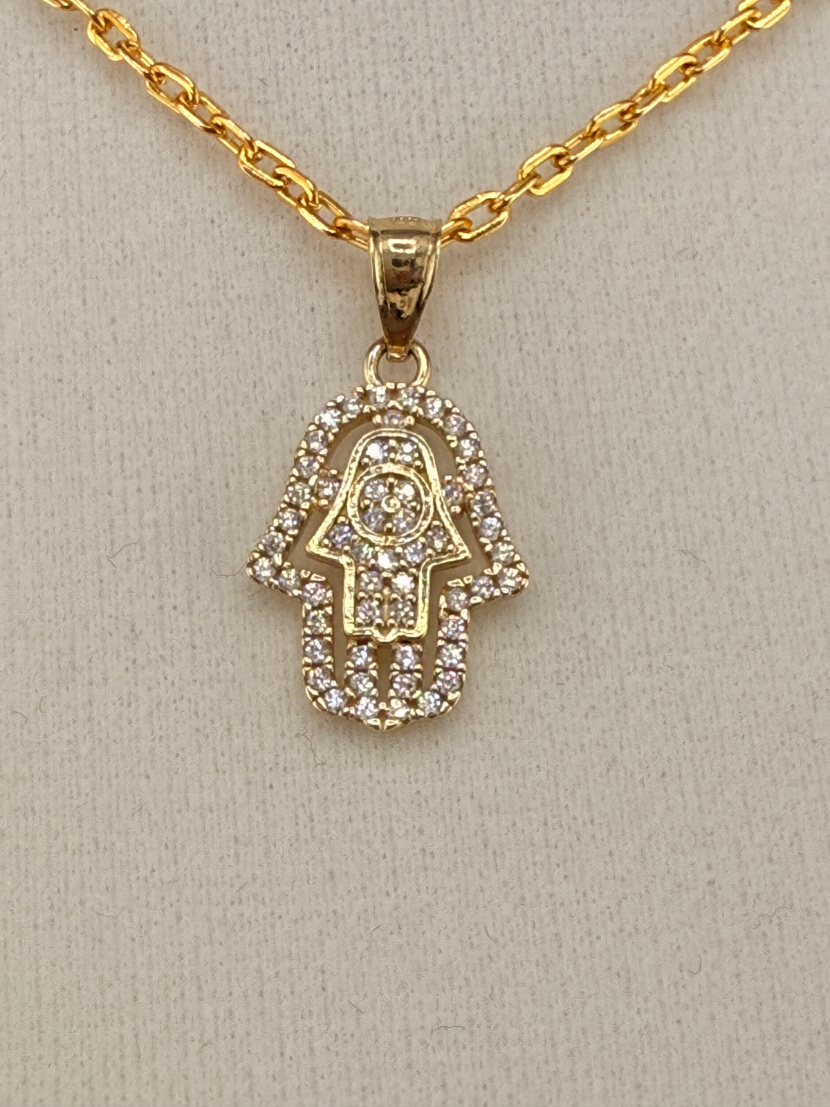 14K Solid Gold CZ Diamond-Encrusted Hamsa Hand Pendant