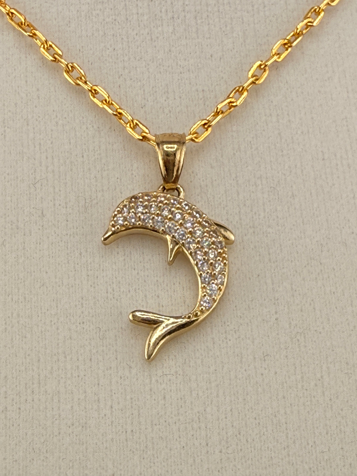 14K Gold CZ Diamond Dolphin Pendant