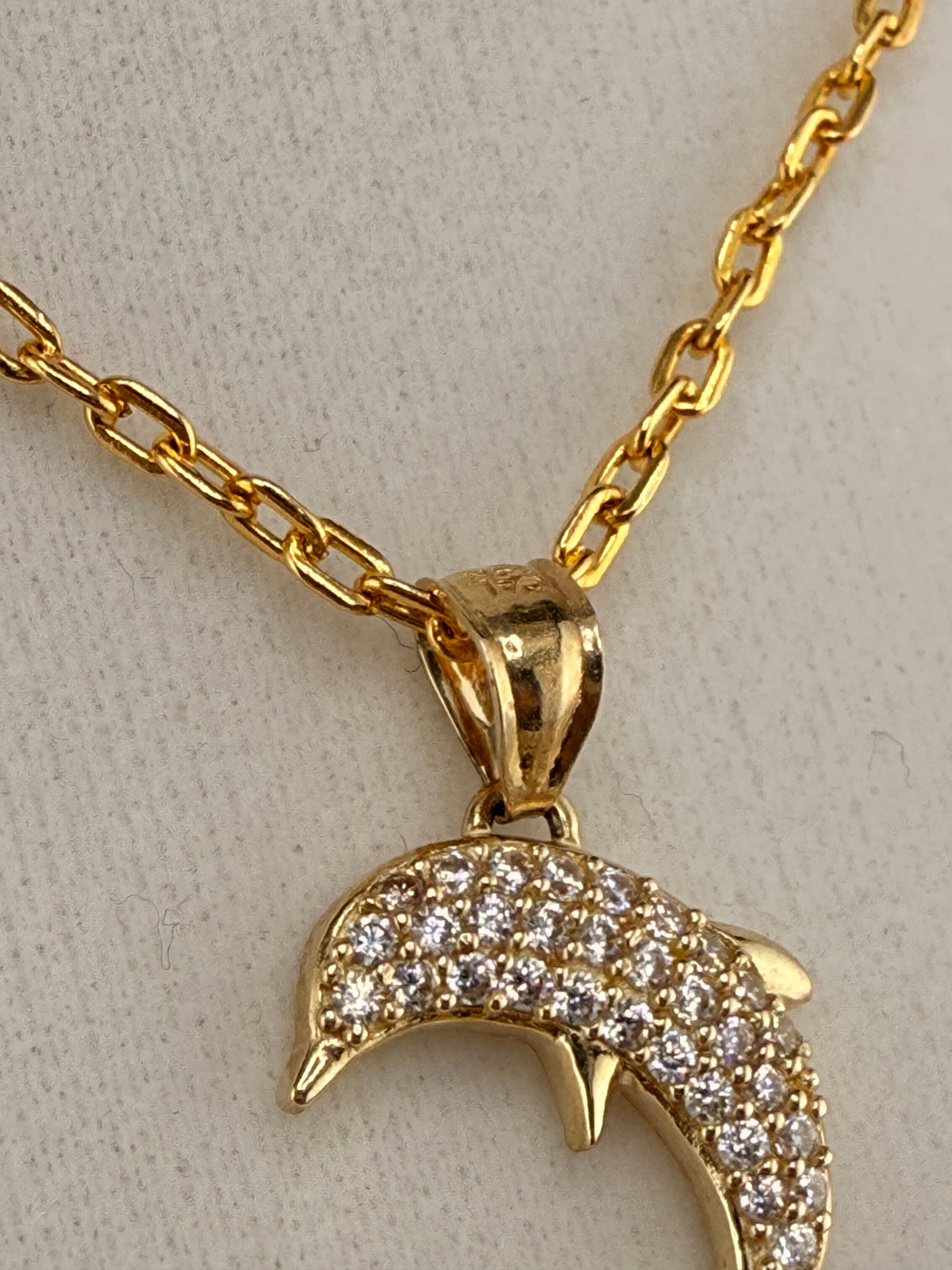 14K Gold CZ Diamond Dolphin Pendant