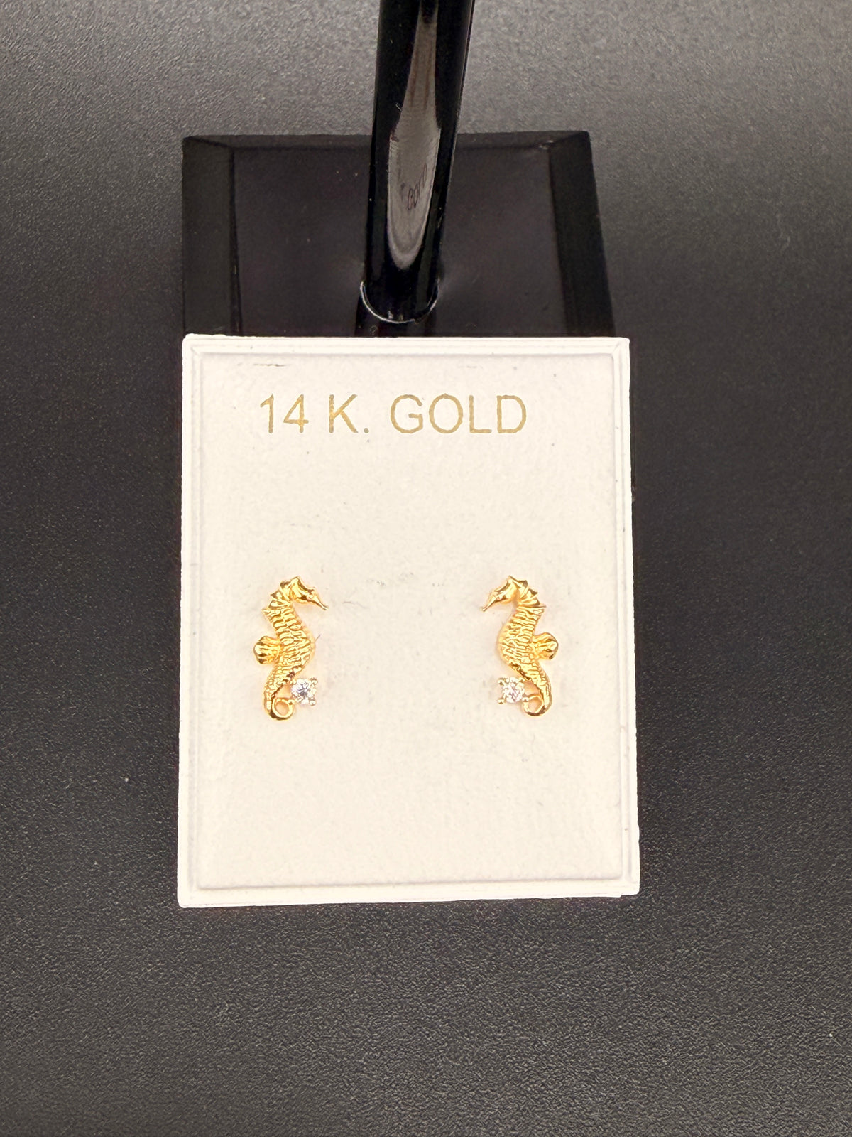 14K Solid Gold Seahorse Earrings with CZ Diamond Chip– Unique Nautical Gold Stud Earrings| Wholesale Price Jewelry